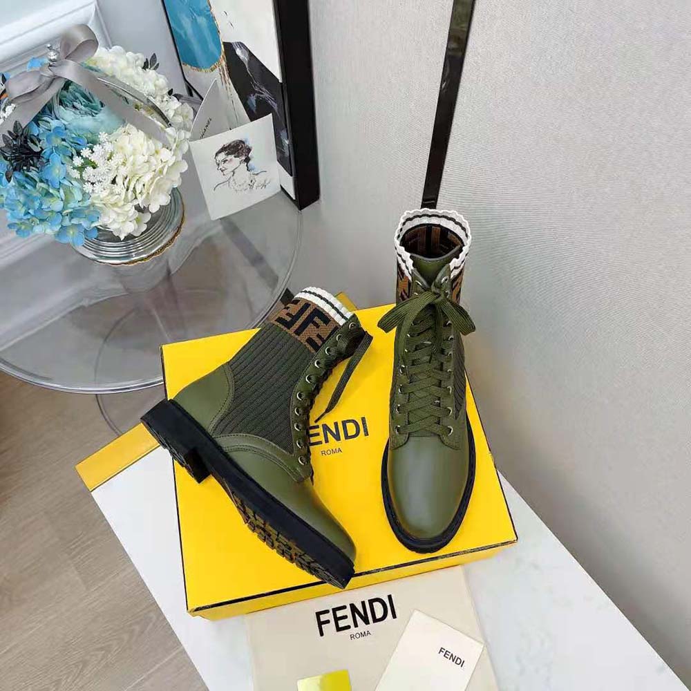 Fendi Women Rockoko Green Leather Biker Boots with Stretch Fabric