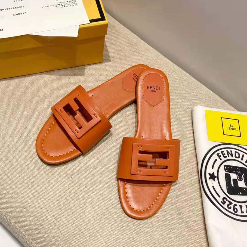 Fendi Women Signature Brown Leather Slides in 0.4 inches Heel Height