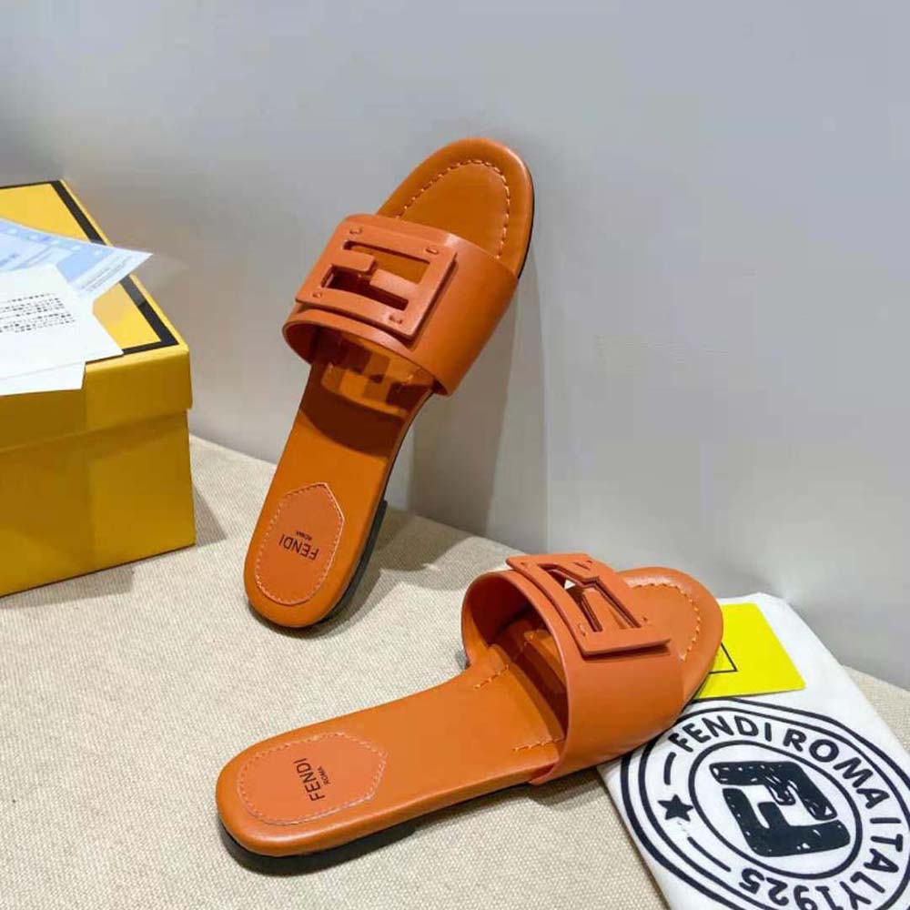 Fendi Women Signature Brown Leather Slides in 0.4 inches Heel Height