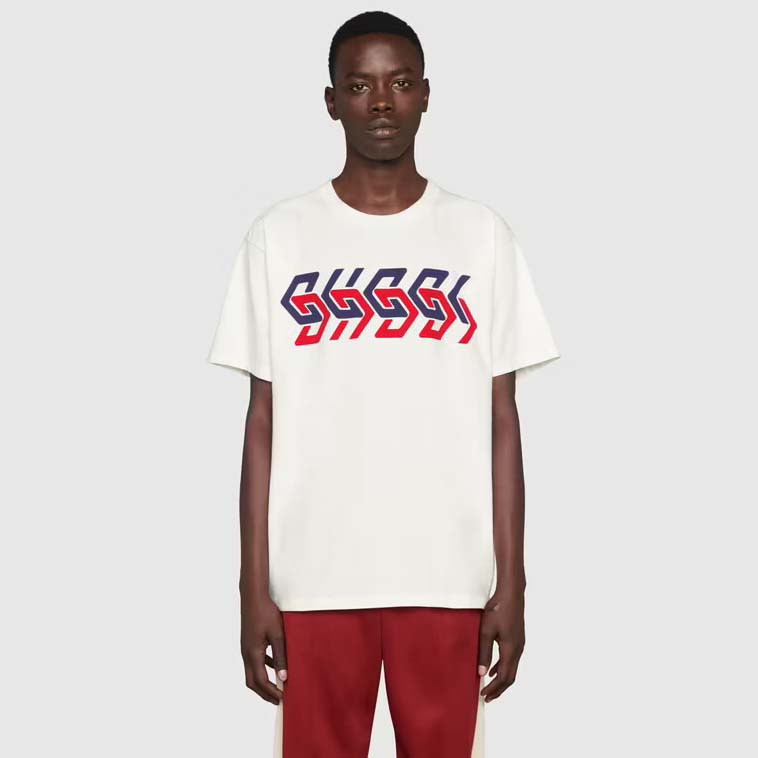 Gucci GG Men Cotton Jersey T-Shirt Beige Gucci Mirror Print Crewneck Oversize Fit