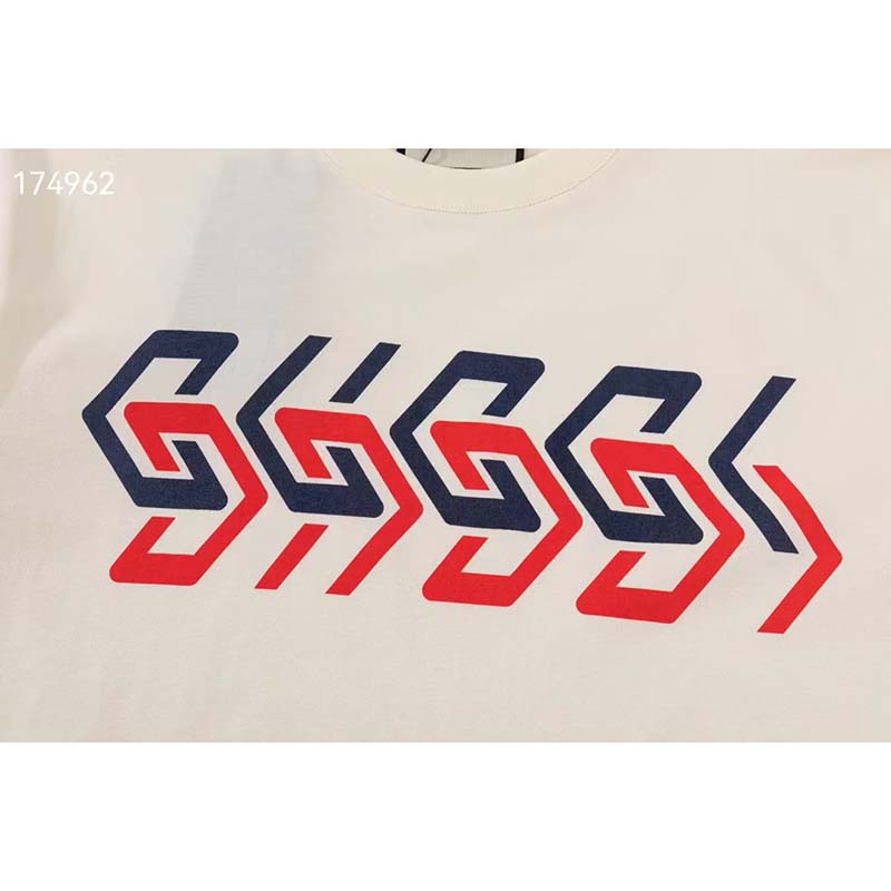 Gucci GG Women Cotton Jersey T-Shirt Beige Gucci Mirror Print Crewneck Oversize Fit