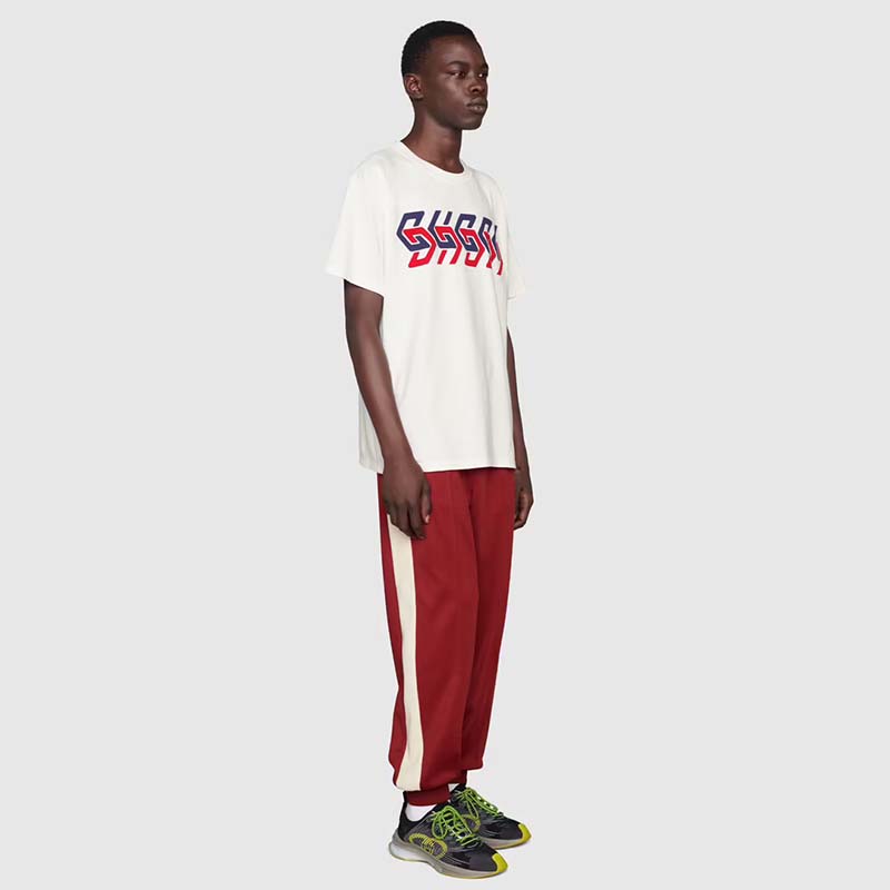 Gucci GG Men Cotton Jersey T-Shirt Beige Gucci Mirror Print Crewneck Oversize Fit