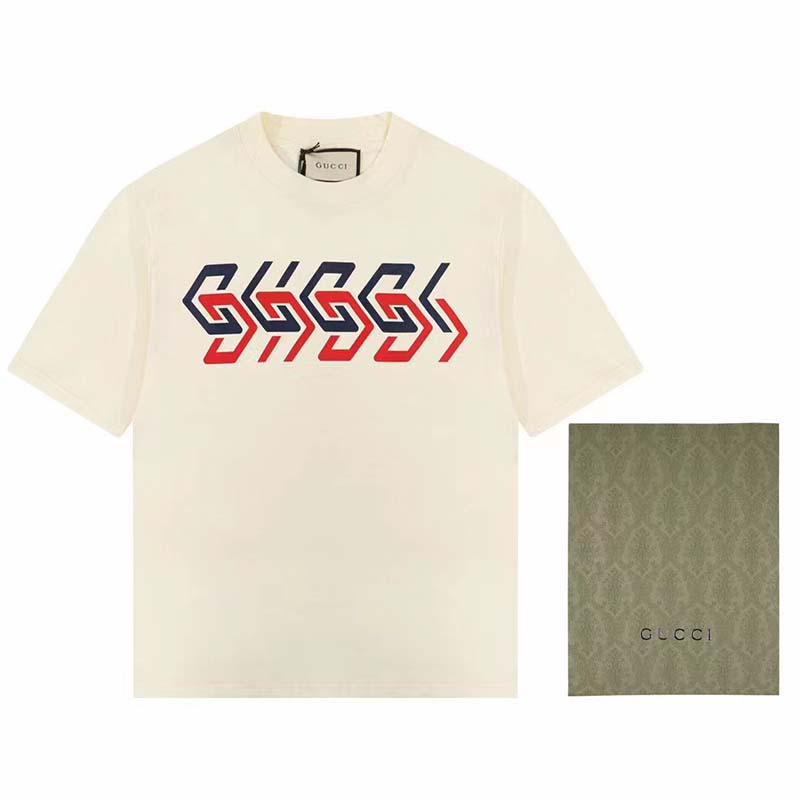 Gucci GG Women Cotton Jersey T-Shirt Beige Gucci Mirror Print Crewneck Oversize Fit
