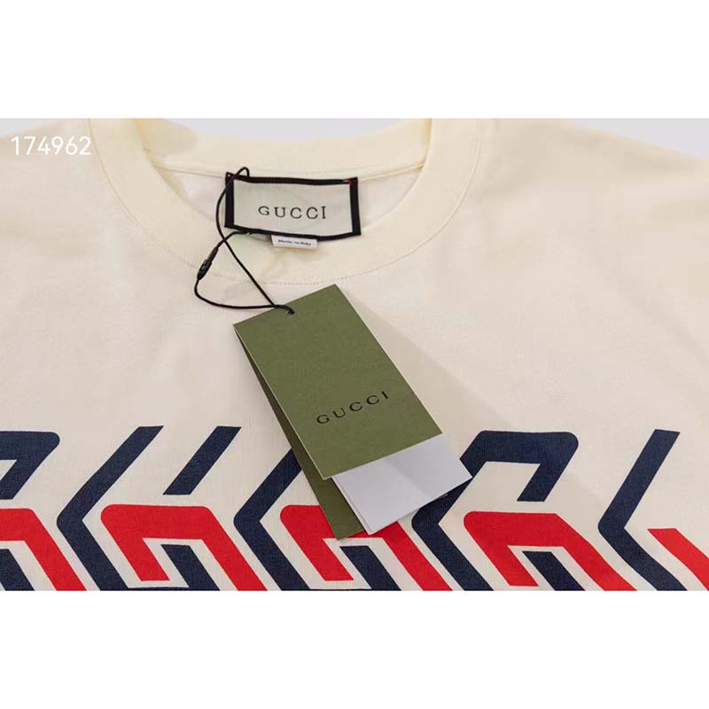 Gucci GG Women Cotton Jersey T-Shirt Beige Gucci Mirror Print Crewneck Oversize Fit