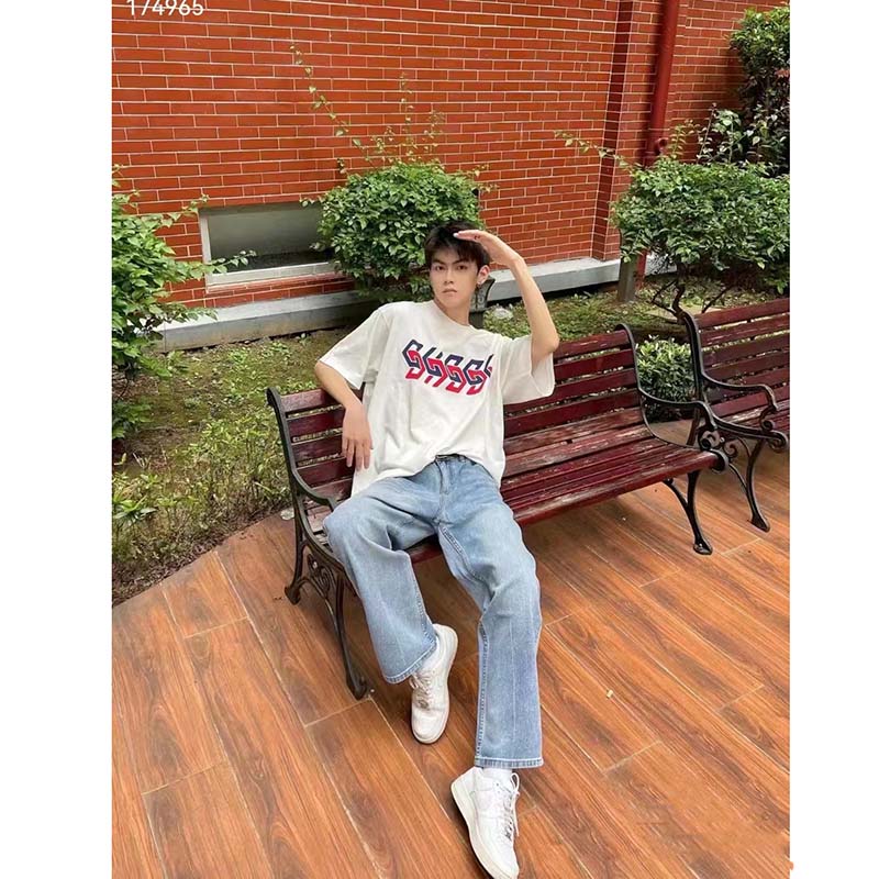 Gucci GG Men Cotton Jersey T-Shirt Beige Gucci Mirror Print Crewneck Oversize Fit