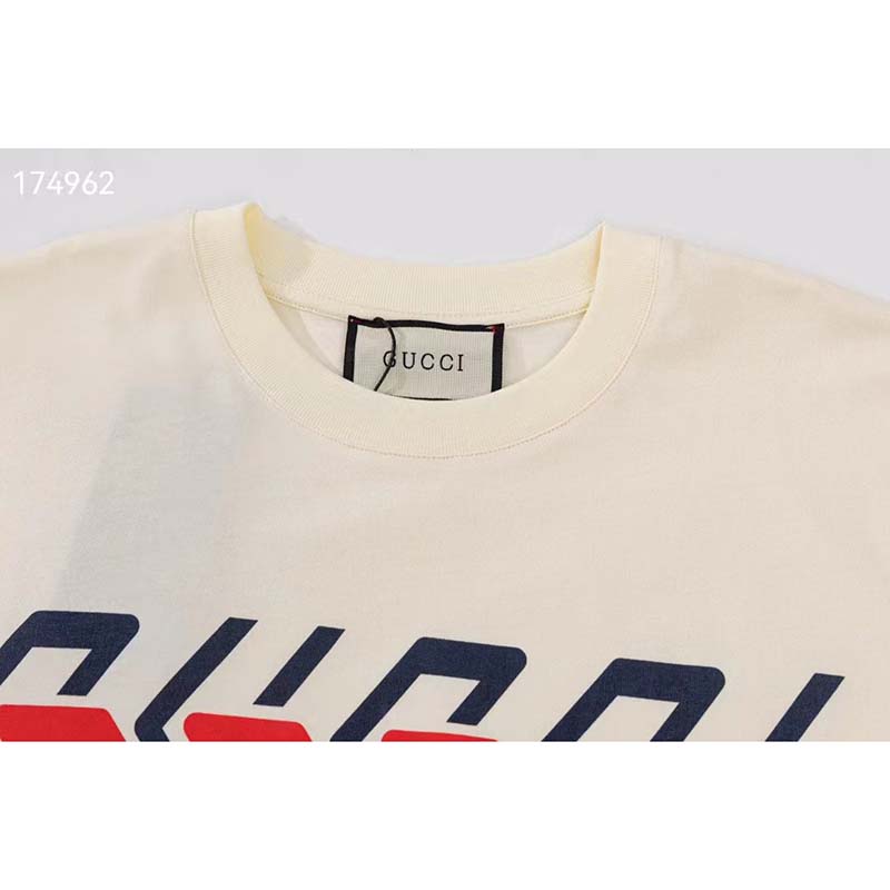 Gucci GG Women Cotton Jersey T-Shirt Beige Gucci Mirror Print Crewneck Oversize Fit