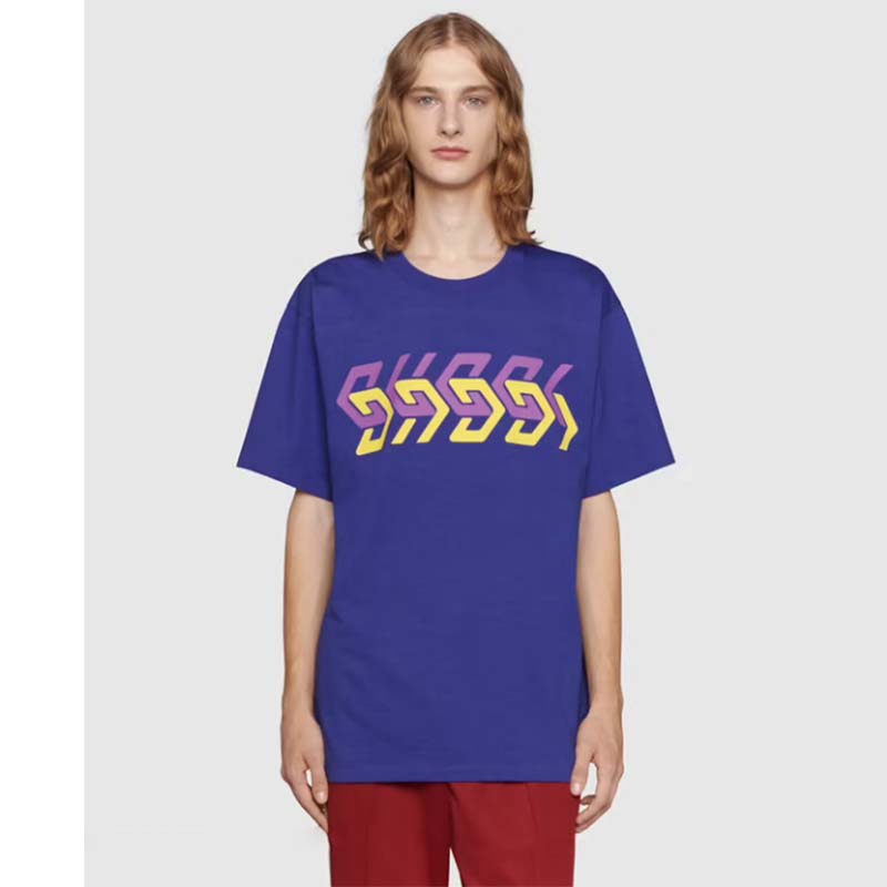 Gucci GG Men Cotton Jersey T-Shirt Blue Gucci Mirror Print Crewneck Oversize Fit