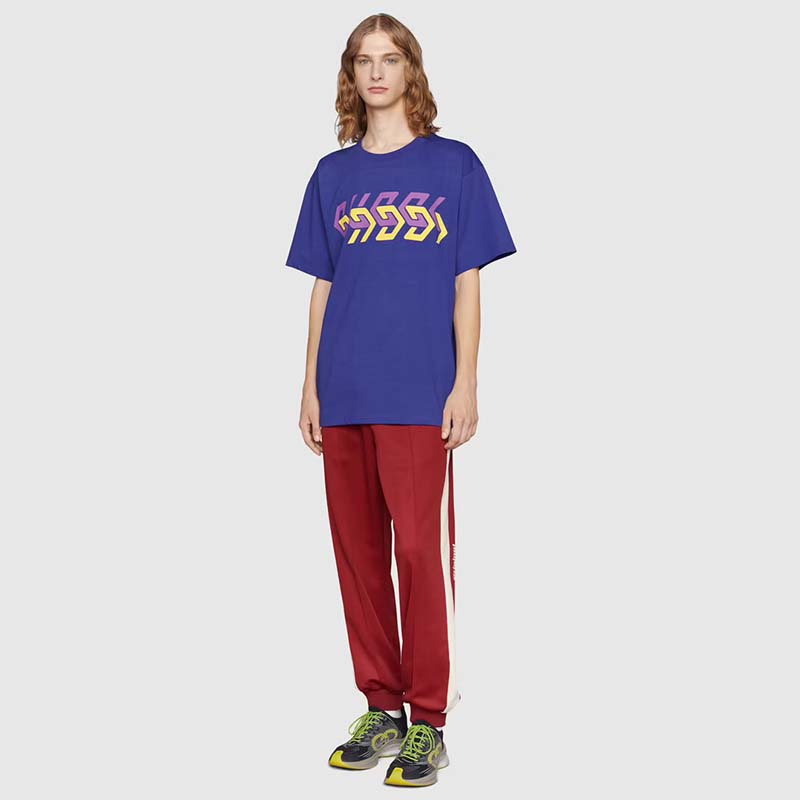 Gucci GG Men Cotton Jersey T-Shirt Blue Gucci Mirror Print Crewneck Oversize Fit
