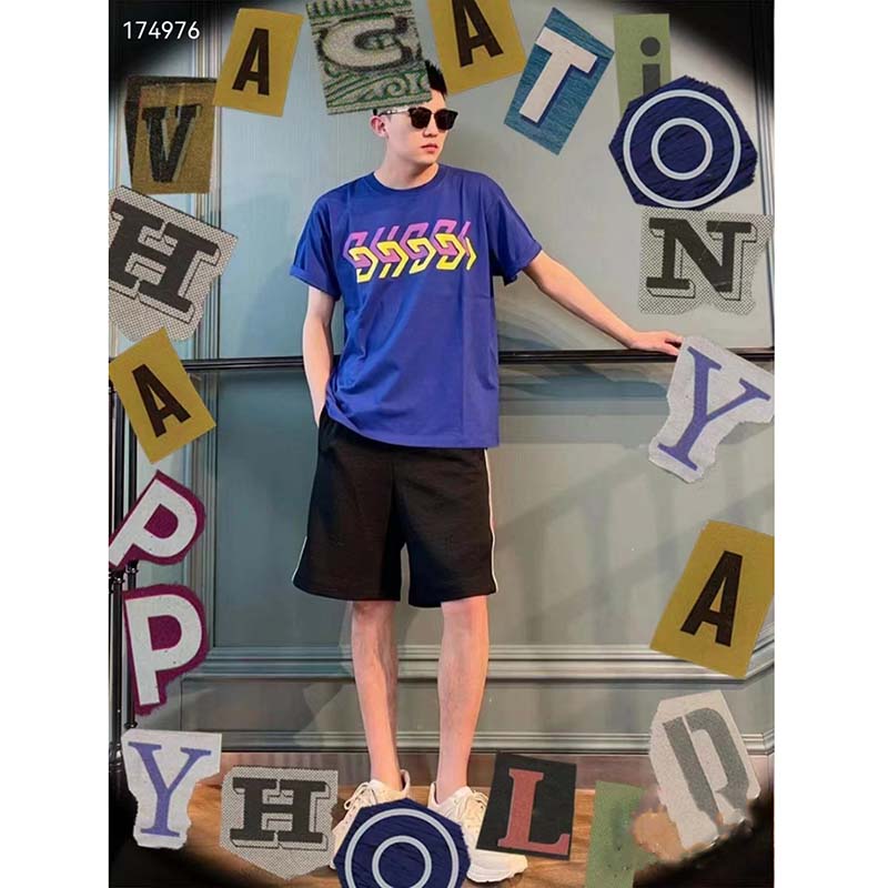 Gucci GG Men Cotton Jersey T-Shirt Blue Gucci Mirror Print Crewneck Oversize Fit