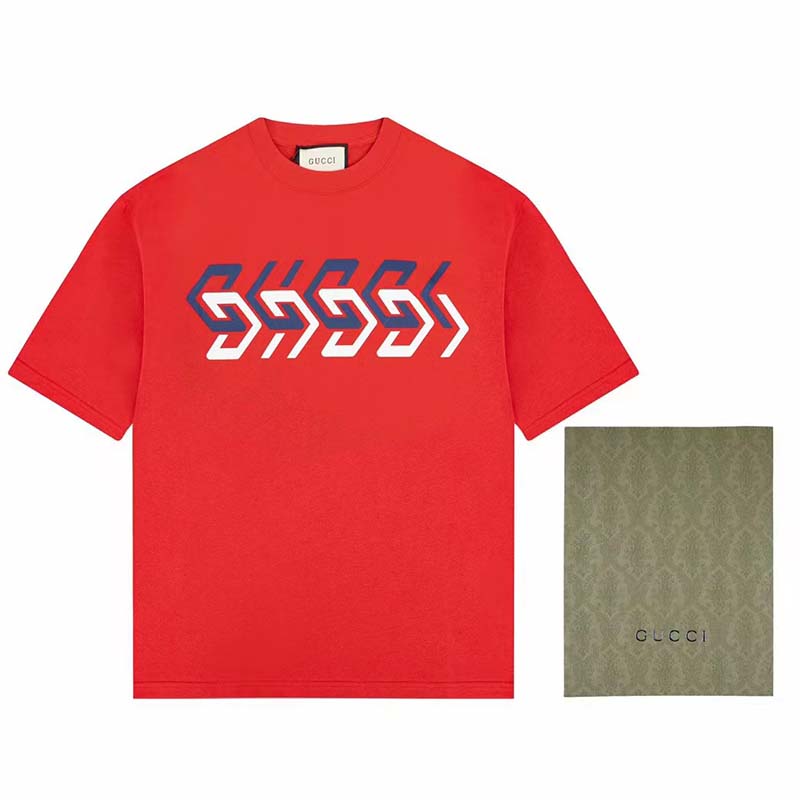 Gucci GG Women Cotton Jersey T-Shirt Red Gucci Mirror Print Crewneck Oversize Fit