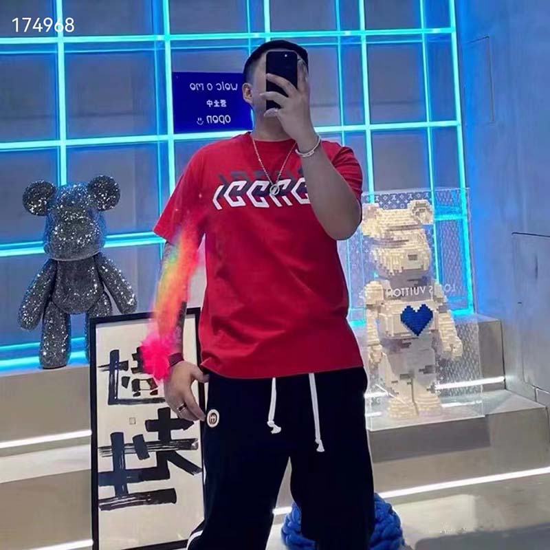 Gucci GG Men Cotton Jersey T-Shirt Red Gucci Mirror Print Crewneck Oversize Fit