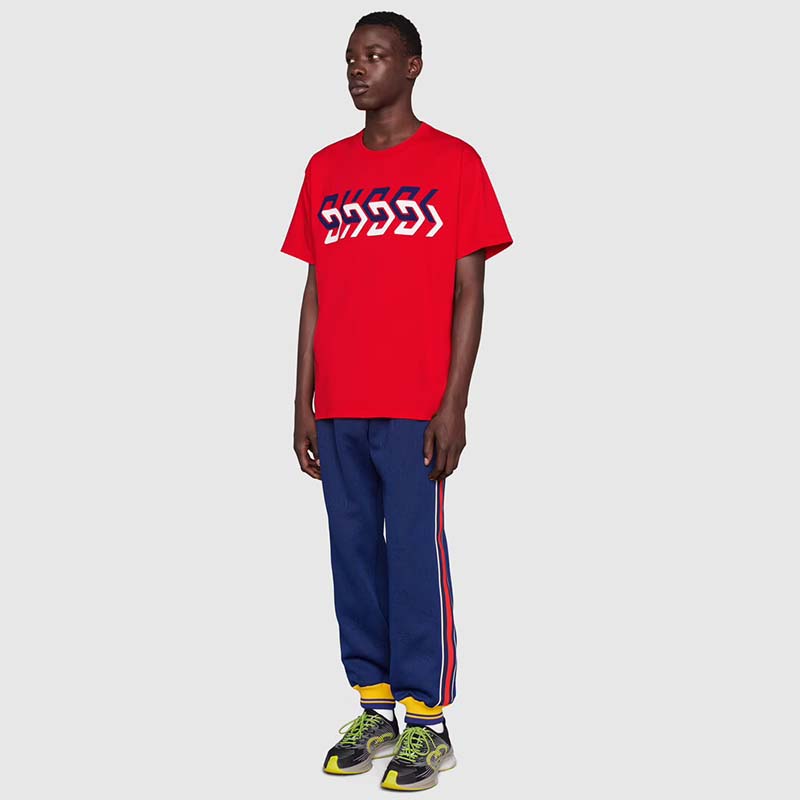 Gucci GG Men Cotton Jersey T-Shirt Red Gucci Mirror Print Crewneck Oversize Fit