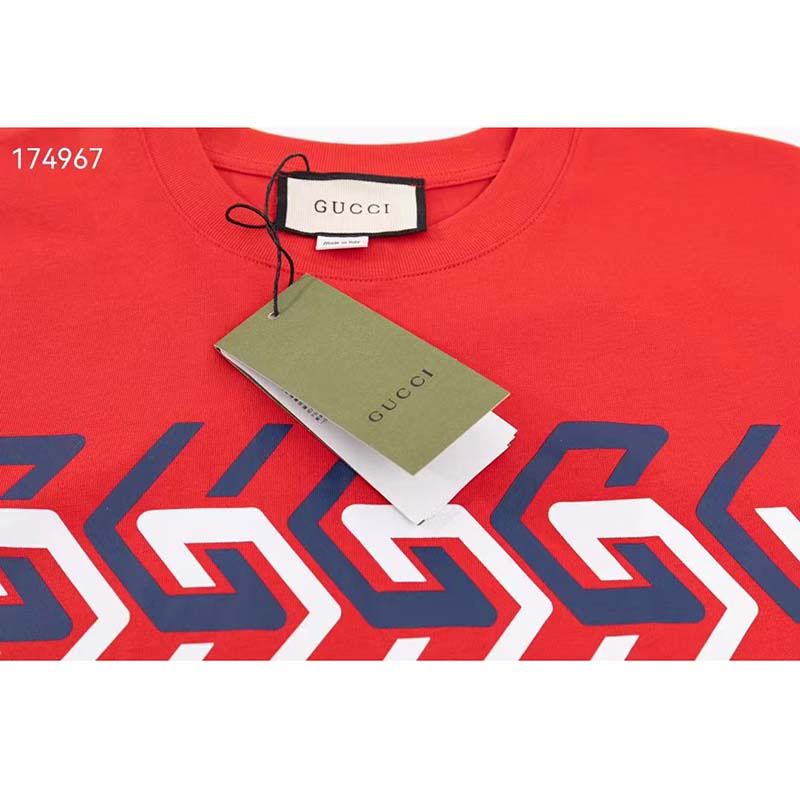 Gucci GG Women Cotton Jersey T-Shirt Red Gucci Mirror Print Crewneck Oversize Fit