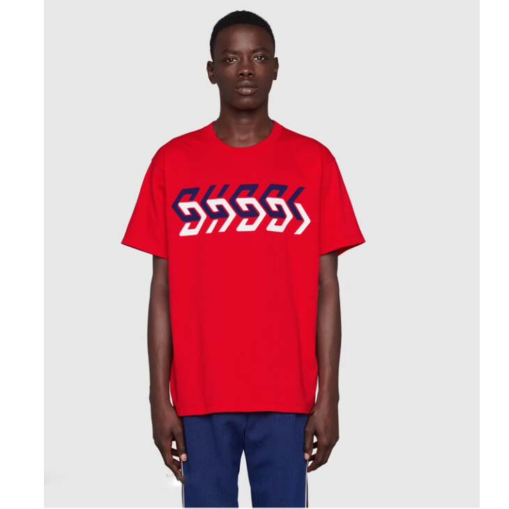Gucci GG Men Cotton Jersey T-Shirt Red Gucci Mirror Print Crewneck Oversize Fit