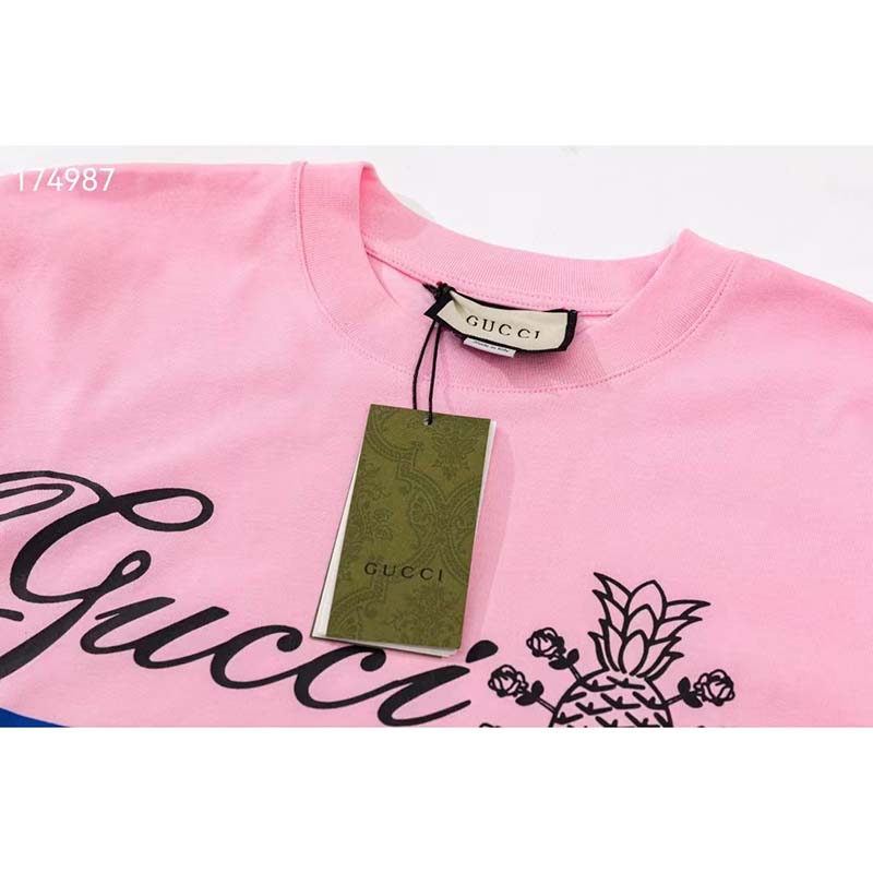 Gucci GG Women Gucci Pineapple Cotton T-Shirt Pink Jersey Crewneck Oversize Fit