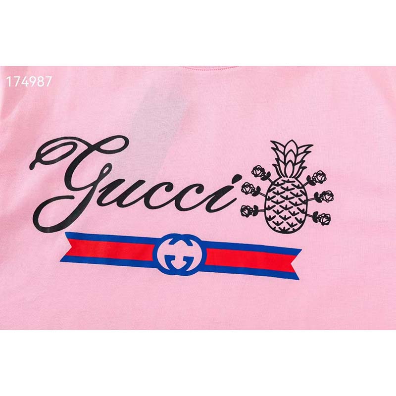 Gucci GG Men Gucci Pineapple Cotton T-Shirt Pink Jersey Crewneck Oversize Fit
