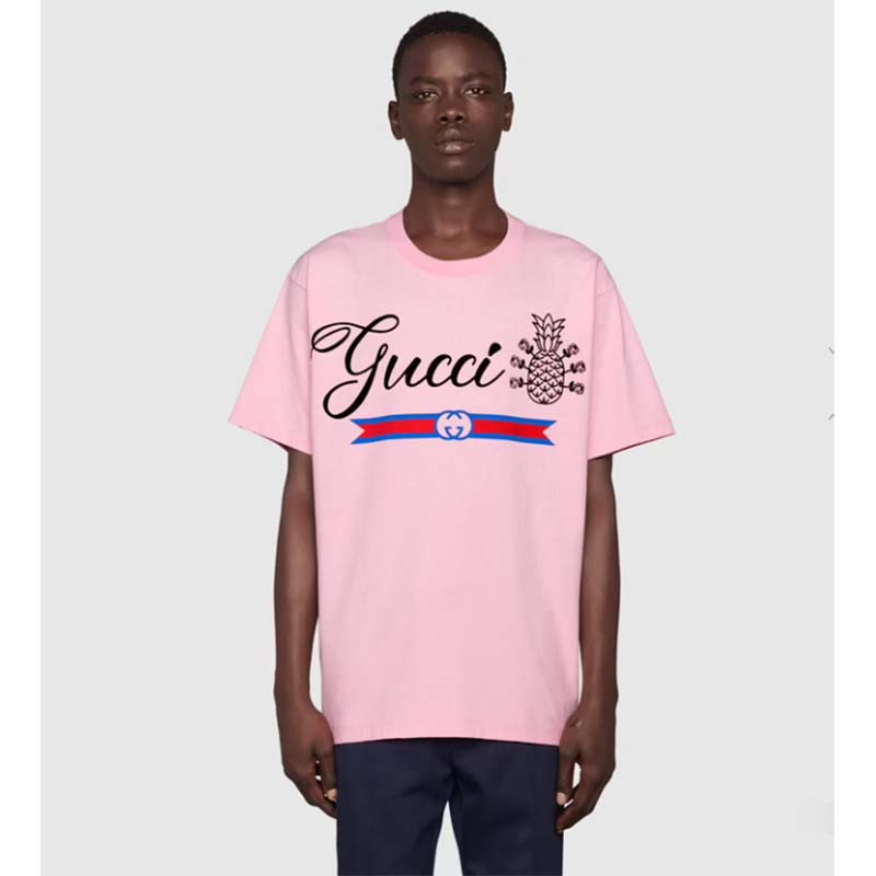 Gucci GG Men Gucci Pineapple Cotton T-Shirt Pink Jersey Crewneck Oversize Fit