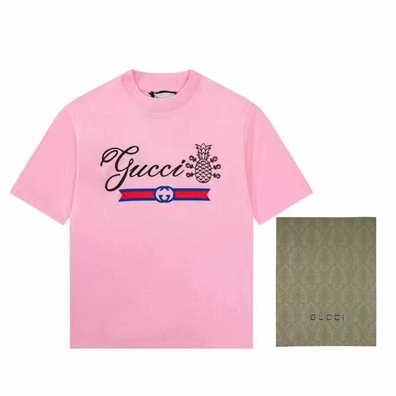 Gucci GG Women Gucci Pineapple Cotton T-Shirt Pink Jersey Crewneck Oversize Fit