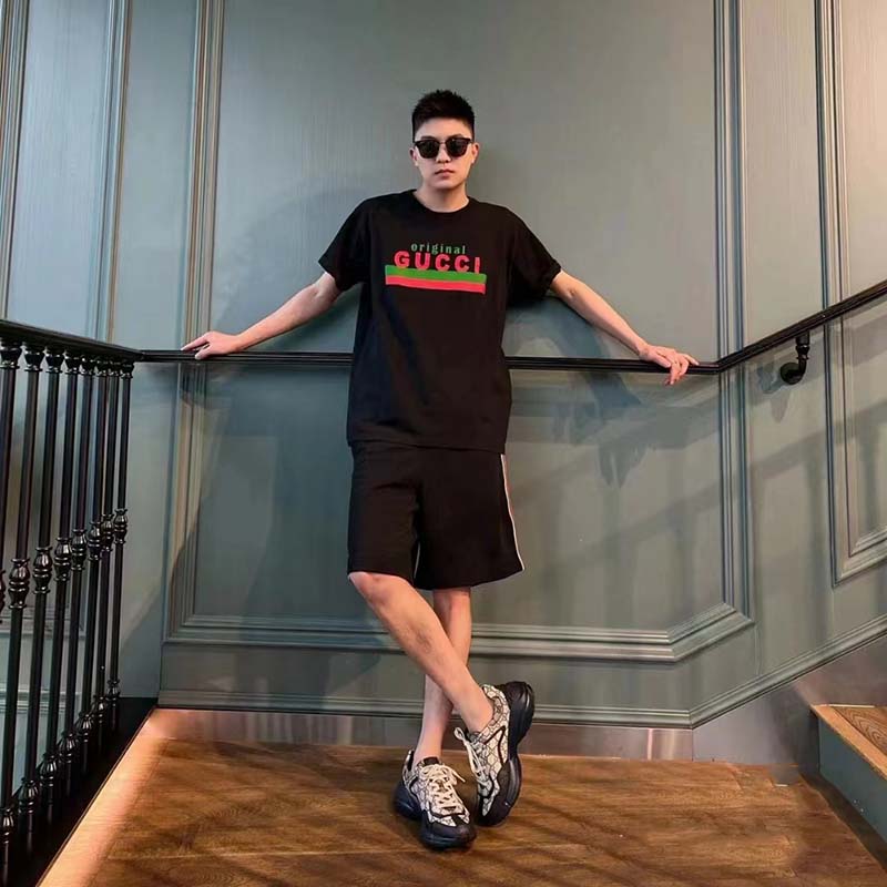 Gucci GG Men Original Gucci Print Oversize T-Shirt Black Cotton Jersey Crewneck