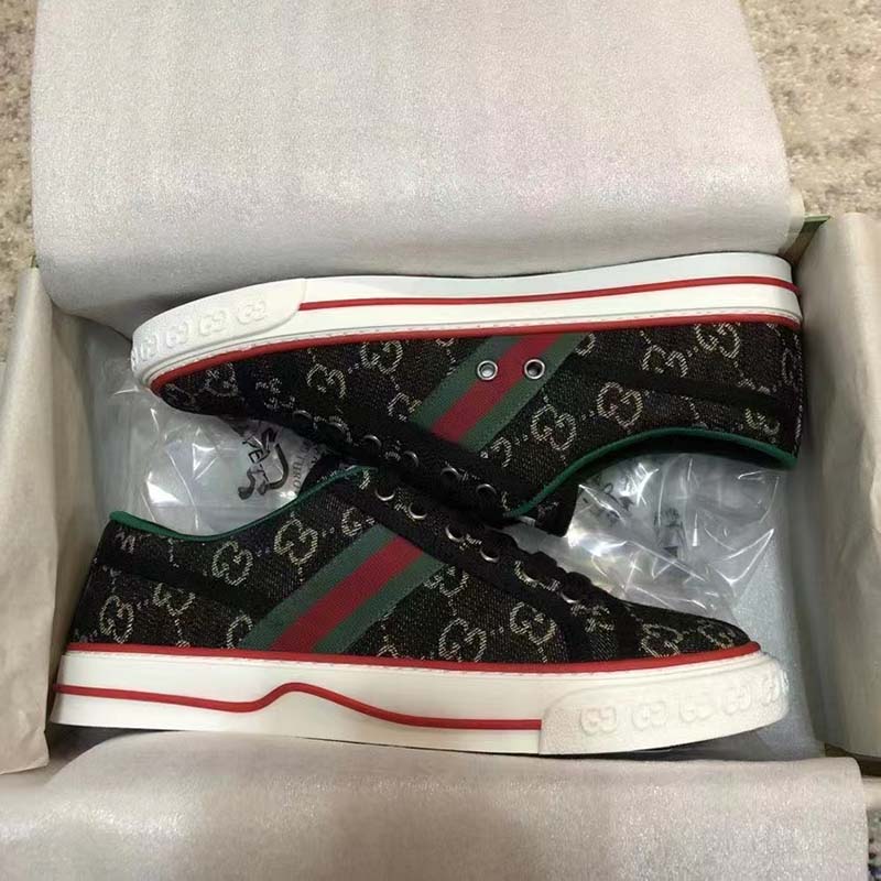 Gucci GG Unisex Tennis 1977 Black Ivory Denim Jacquard Flat 1.5 cm Heel