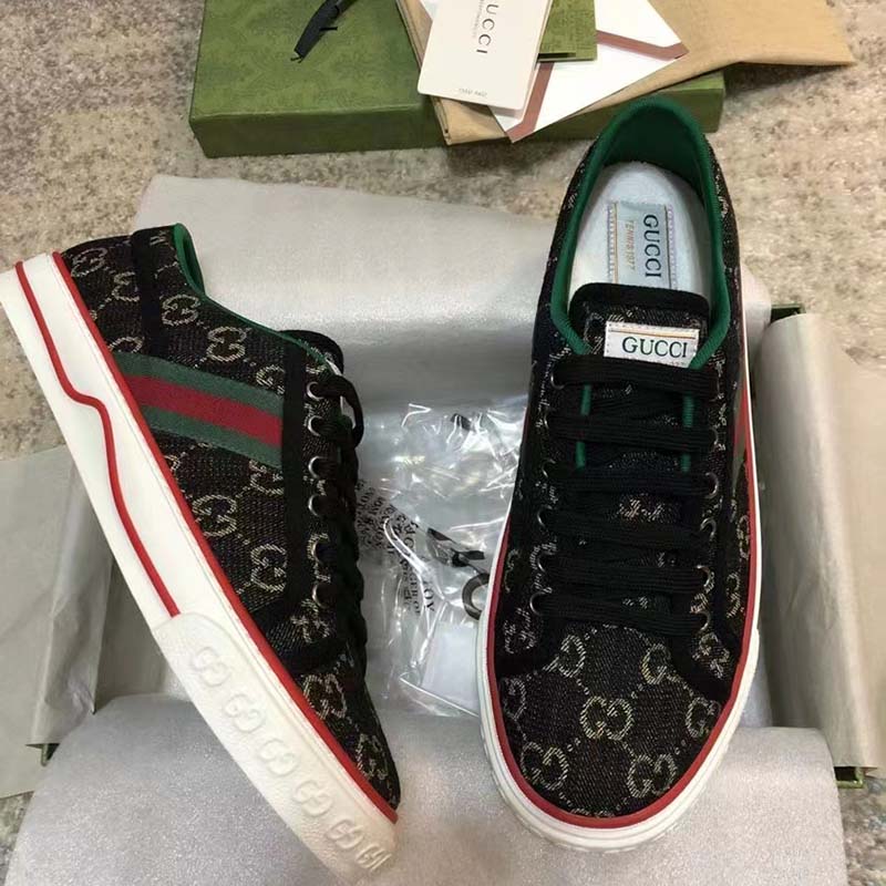 Gucci GG Unisex Tennis 1977 Black Ivory Denim Jacquard Flat 1.5 cm Heel