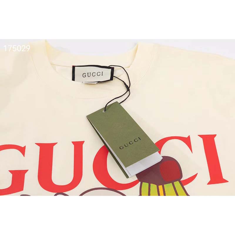 Gucci GG Women Bananya Cat Cotton T-Shirt White Cotton Jersey Crewneck Oversize Fit