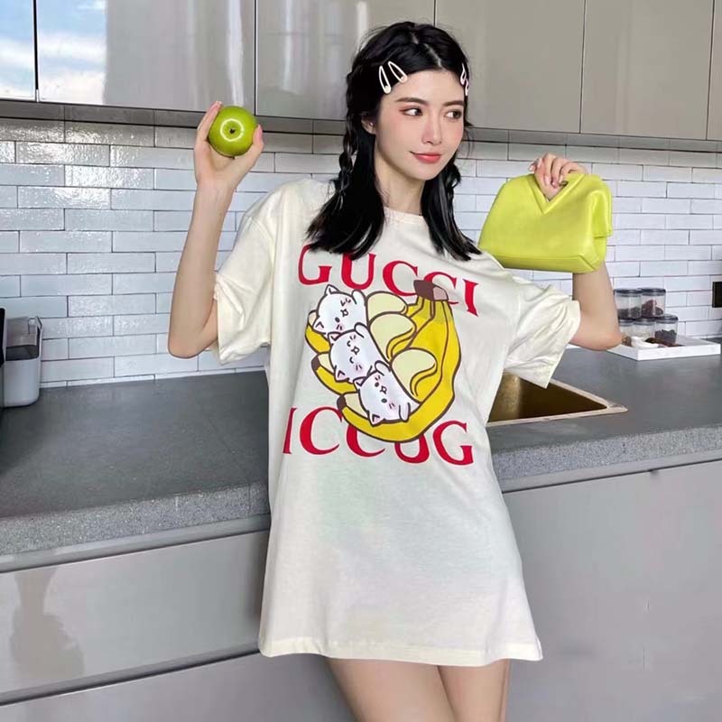 Gucci GG Women Bananya Cat Cotton T-Shirt White Cotton Jersey Crewneck Oversize Fit