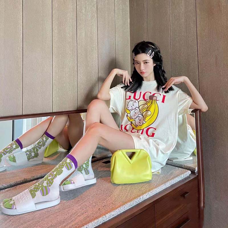 Gucci GG Women Bananya Cat Cotton T-Shirt White Cotton Jersey Crewneck Oversize Fit
