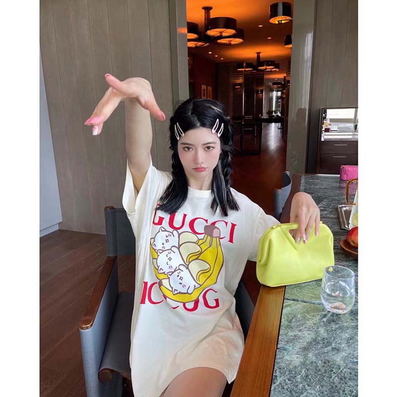 Gucci GG Women Bananya Cat Cotton T-Shirt White Cotton Jersey Crewneck Oversize Fit