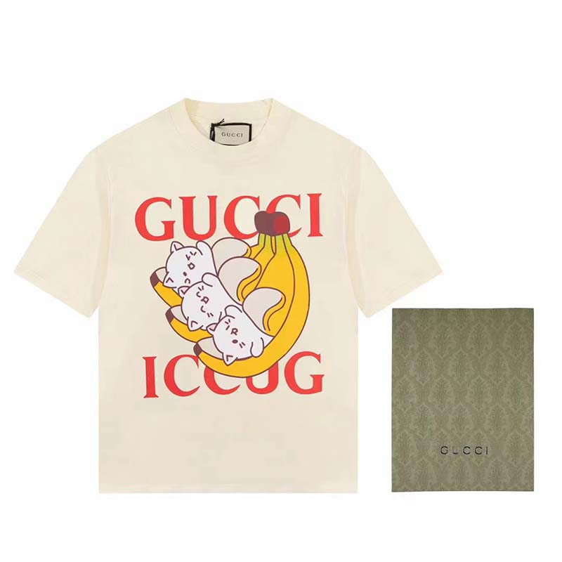 Gucci GG Women Bananya Cat Cotton T-Shirt White Cotton Jersey Crewneck Oversize Fit