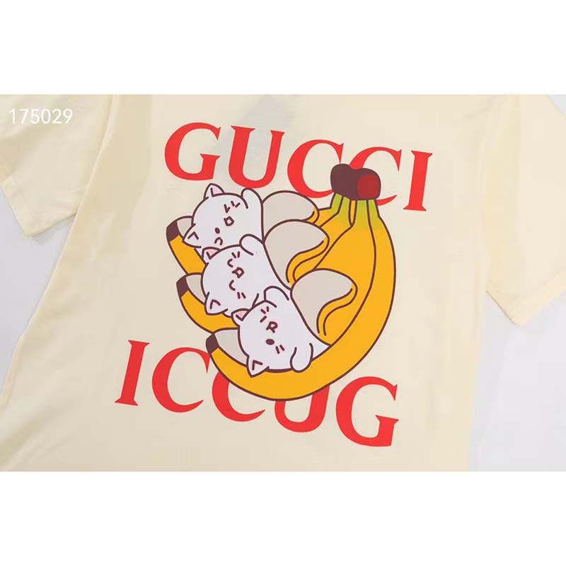 Gucci GG Women Bananya Cat Cotton T-Shirt White Cotton Jersey Crewneck Oversize Fit