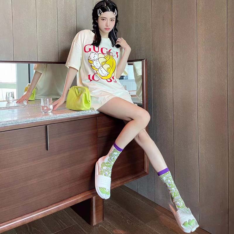Gucci GG Women Bananya Cat Cotton T-Shirt White Cotton Jersey Crewneck Oversize Fit