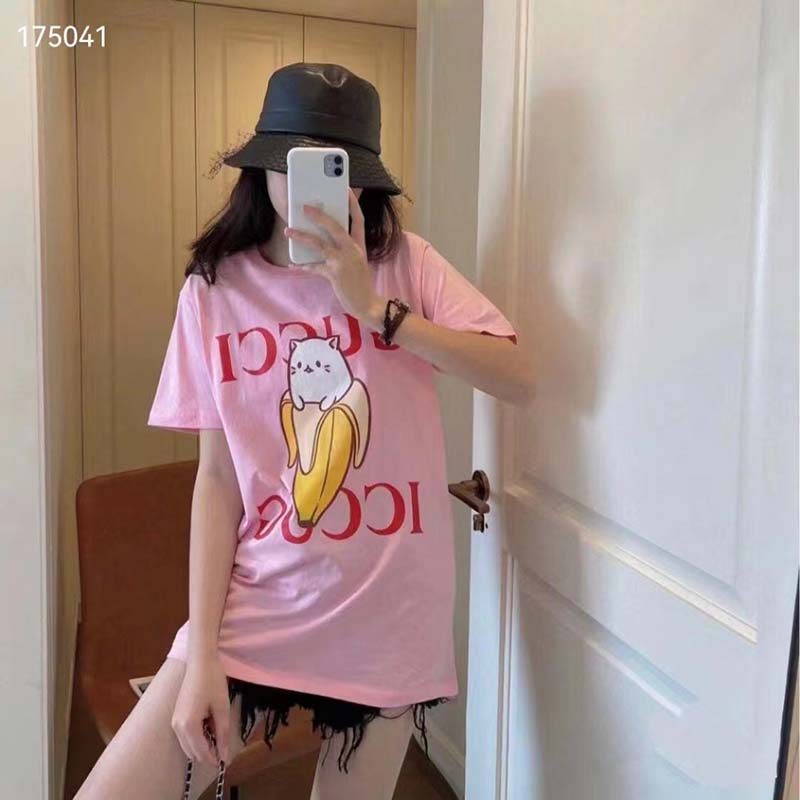 Gucci GG Women Bananya Cotton T-Shirt Pink Jersey Crewneck Oversize Fit