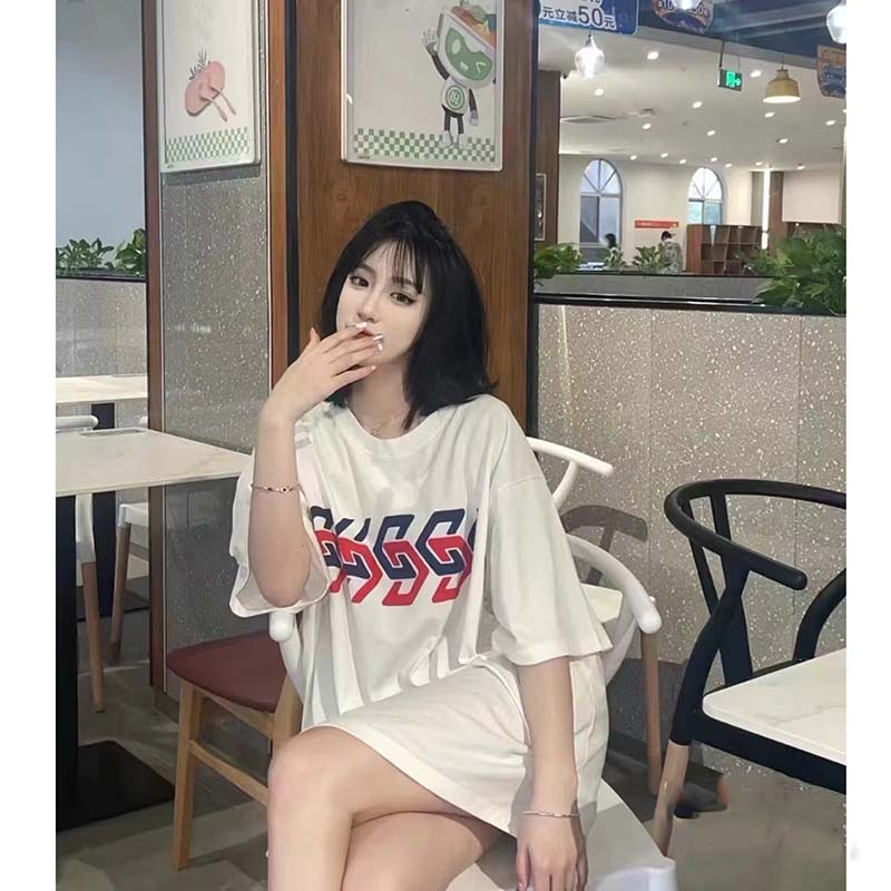 Gucci GG Women Cotton Jersey T-Shirt Beige Gucci Mirror Print Crewneck Oversize Fit