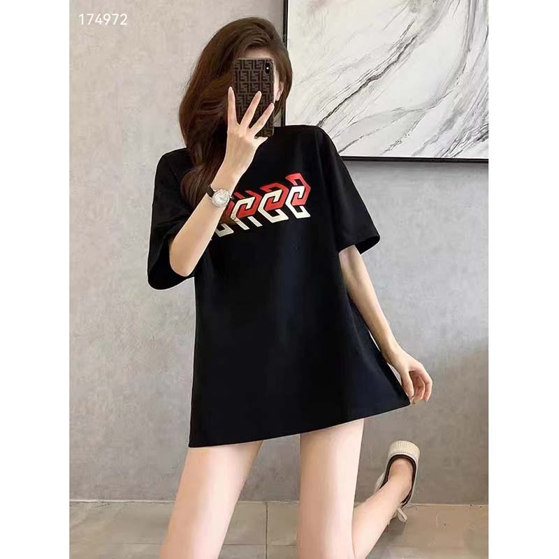 Gucci GG Women Cotton Jersey T-Shirt Black Gucci Mirror Print Crewneck Oversize Fit