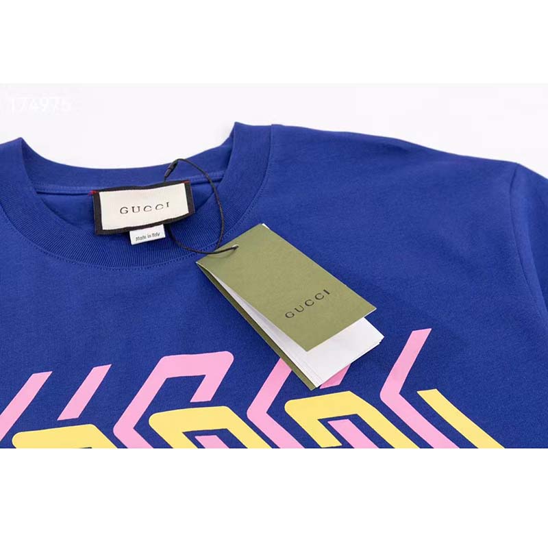 Gucci GG Women Cotton Jersey T-Shirt Blue Gucci Mirror Print Crewneck Oversize Fit