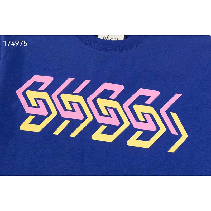 Gucci GG Women Cotton Jersey T-Shirt Blue Gucci Mirror Print Crewneck Oversize Fit