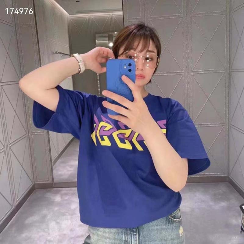 Gucci GG Women Cotton Jersey T-Shirt Blue Gucci Mirror Print Crewneck Oversize Fit