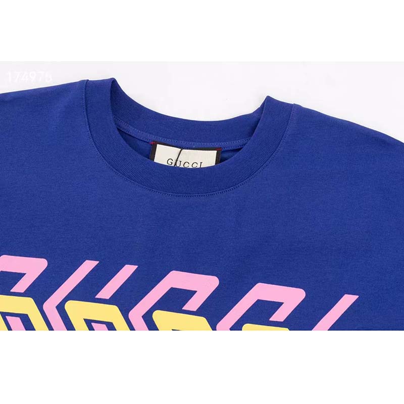 Gucci GG Women Cotton Jersey T-Shirt Blue Gucci Mirror Print Crewneck Oversize Fit