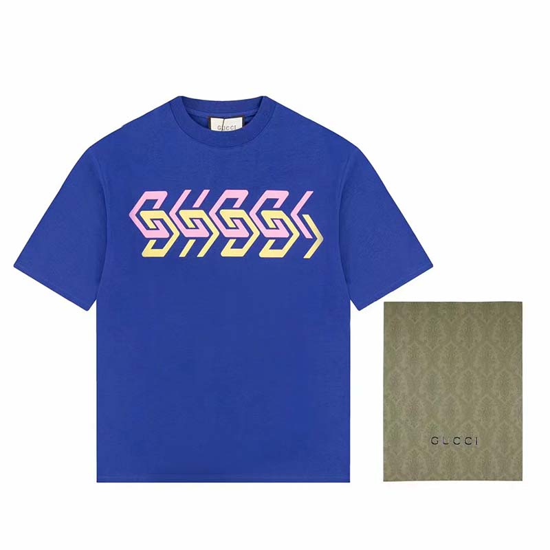 Gucci GG Women Cotton Jersey T-Shirt Blue Gucci Mirror Print Crewneck Oversize Fit