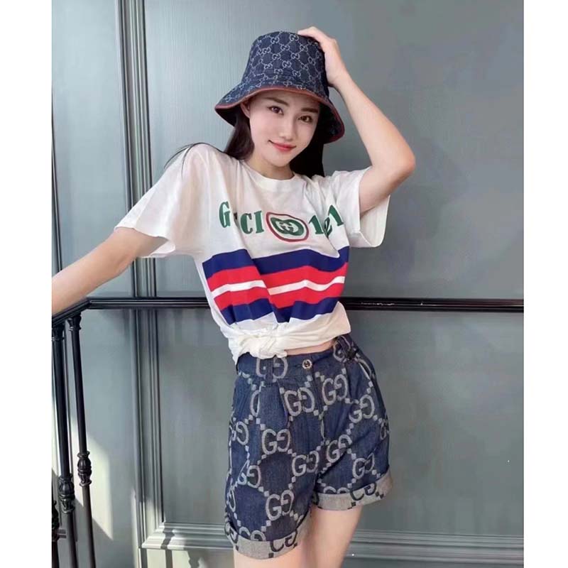 Gucci GG Women Cotton T-Shirt White Cotton Jersey Crewneck Oversize