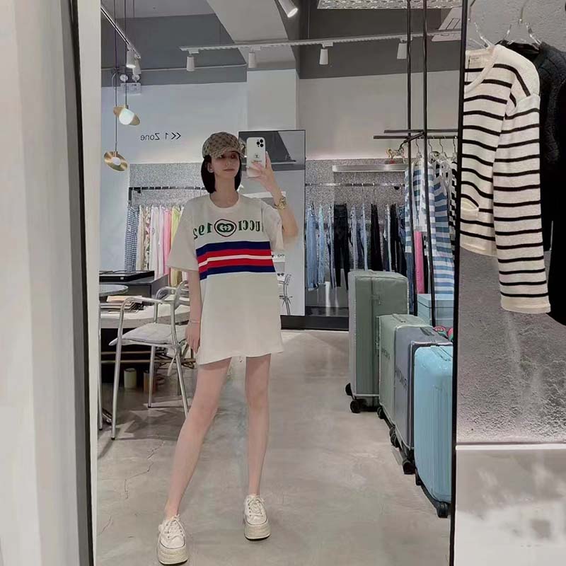 Gucci GG Women Cotton T-Shirt White Cotton Jersey Crewneck Oversize