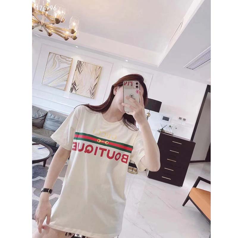 Gucci GG Women Gucci Boutique Print Oversize T-Shirt White Cotton Jersey Crewneck