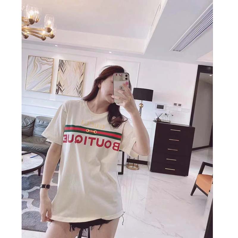 Gucci GG Women Gucci Boutique Print Oversize T-Shirt White Cotton Jersey Crewneck