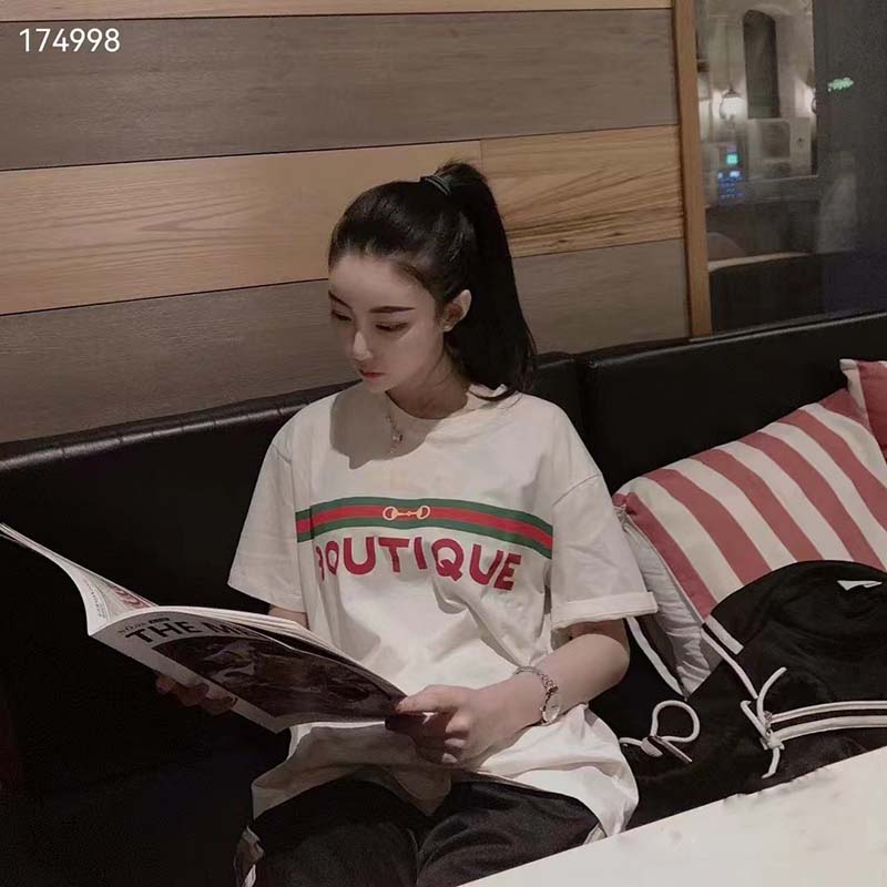Gucci GG Women Gucci Boutique Print Oversize T-Shirt White Cotton Jersey Crewneck