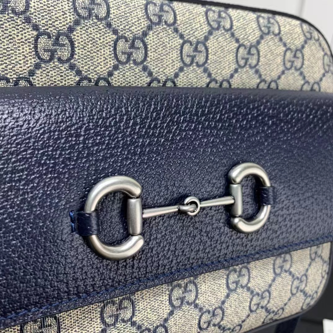 Gucci GG Unisex Horsebit 1955 Small Bag Beige Blue GG Supreme Canvas