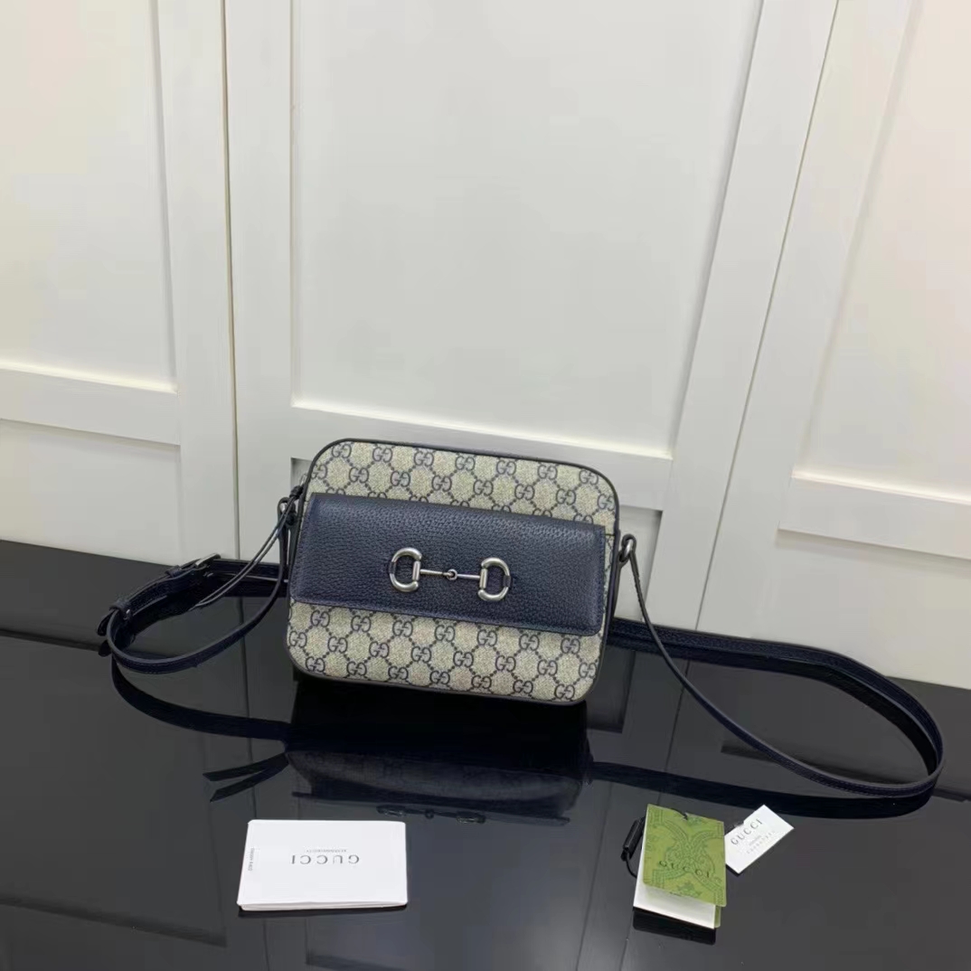 Gucci GG Unisex Horsebit 1955 Small Bag Beige Blue GG Supreme Canvas