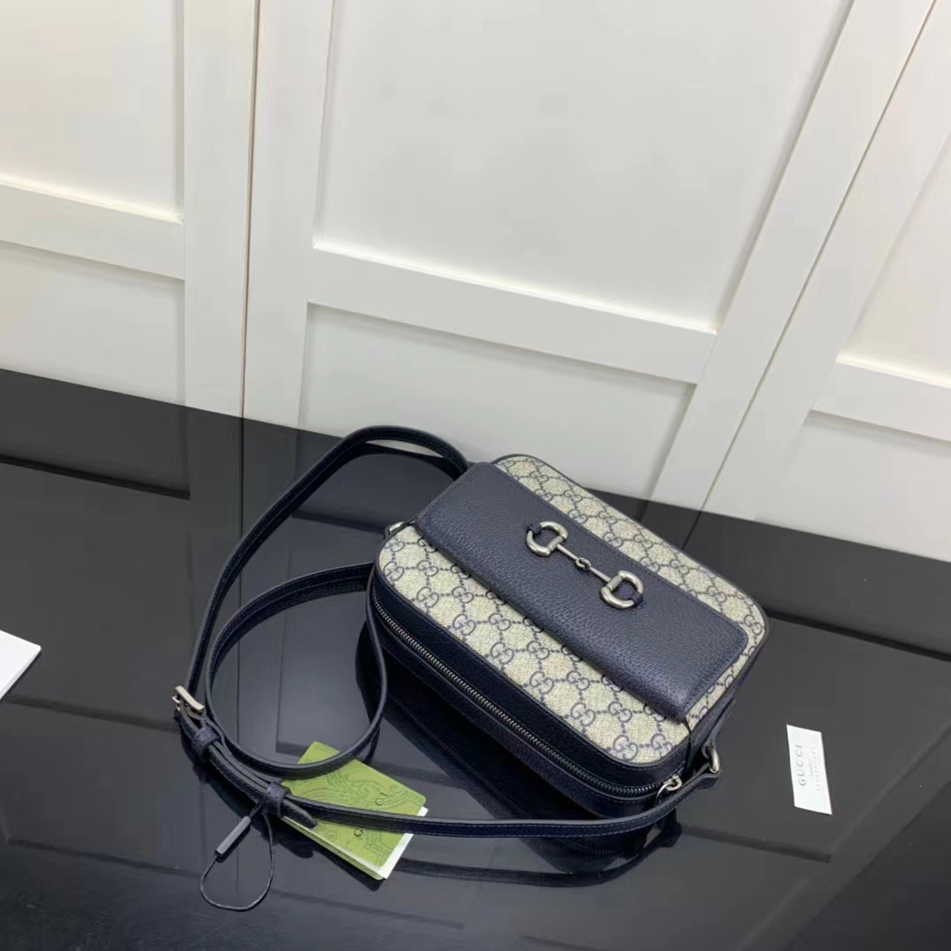 Gucci GG Unisex Horsebit 1955 Small Bag Beige Blue GG Supreme Canvas