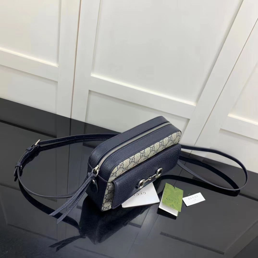 Gucci GG Unisex Horsebit 1955 Small Bag Beige Blue GG Supreme Canvas