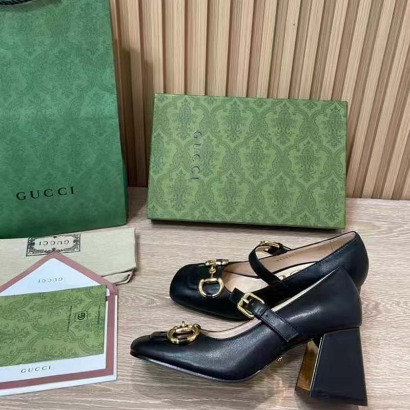 Gucci GG Women’s Mid-Heel Pump With Horsebit Black Leather
